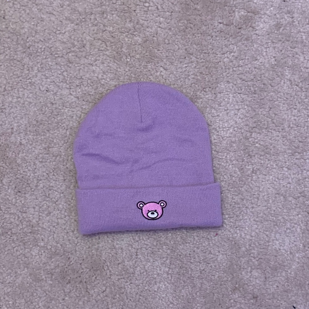Purple beanie with pink glitter teddy bear patch
